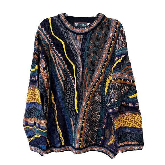 Tundra Canada L VTG Rainbow Knit Pullover Sweater 3D Knit Coogi Style 90s Cosby - Picture 1 of 10